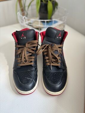 Jordan Men’s Black and Red High-Top Sneakers with Brown Laces